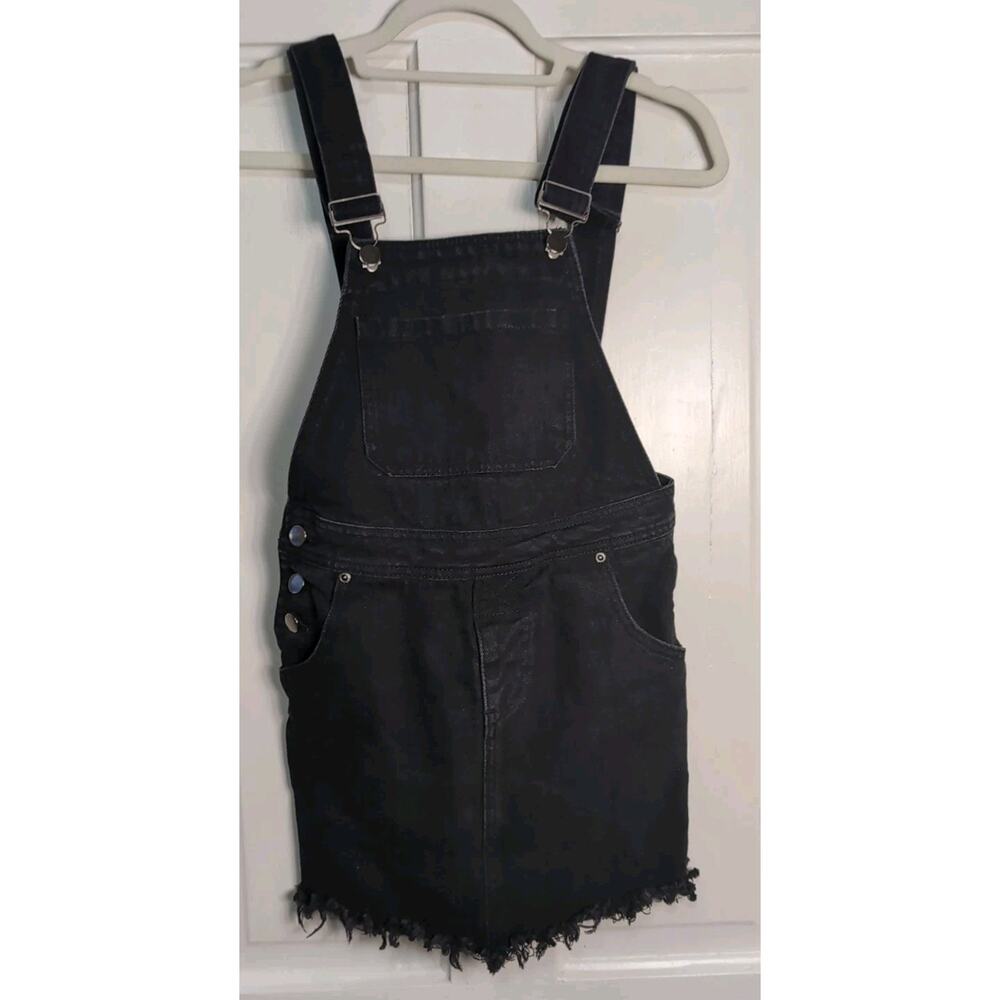 Boohoo Blue Denim Overall Mini Skirt Black Romper Women's 2 Raw Hem Y2K(894)